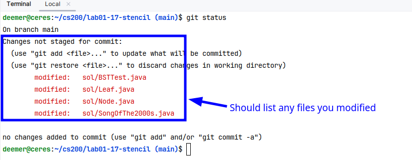 Git status output showing changed files