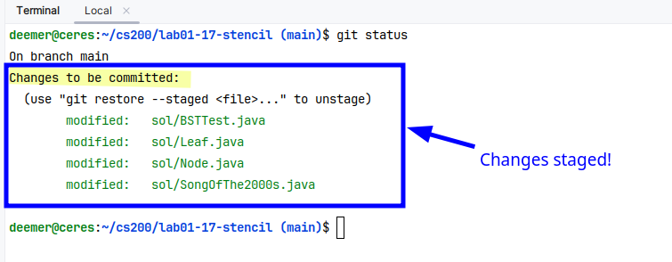 Git status showing staged files